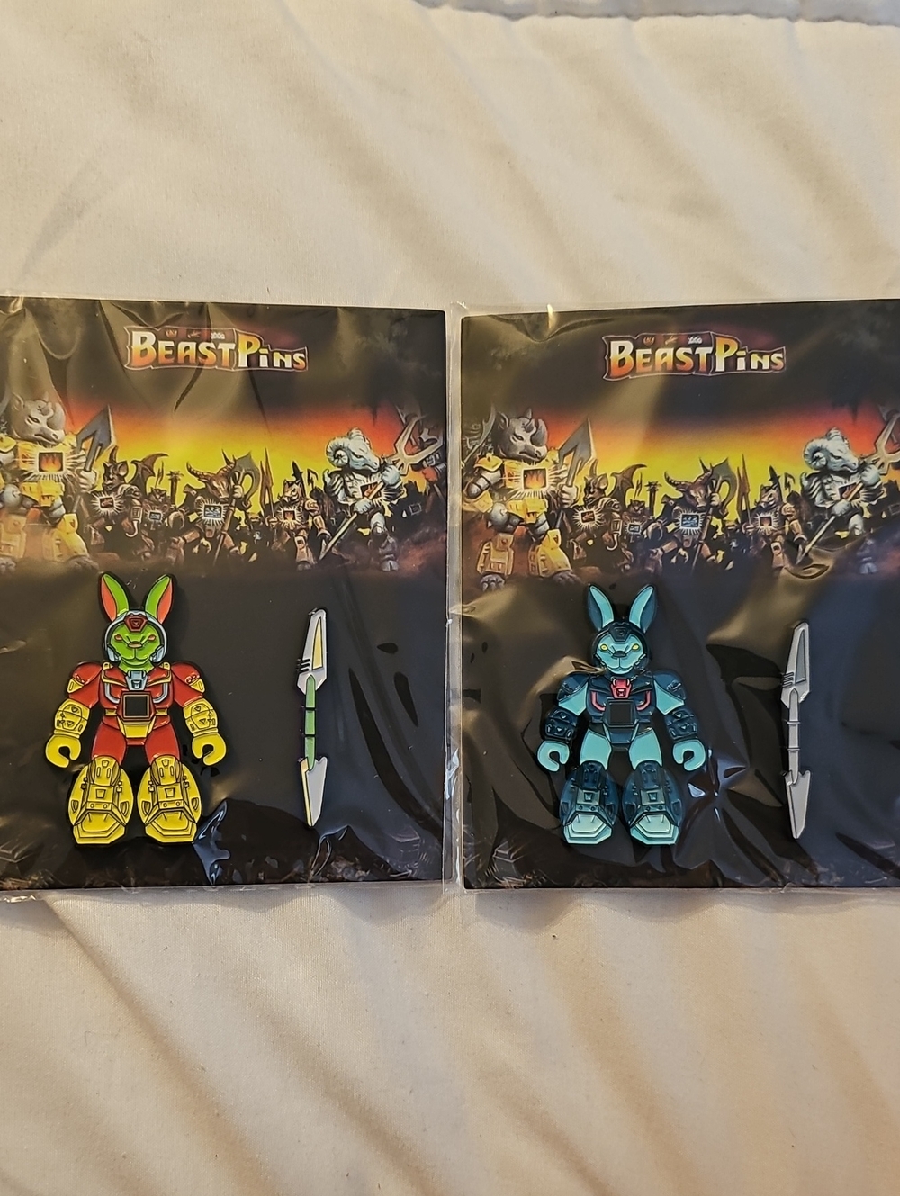 2 Battle Beast Bunny Enamel Pins. New In Plastic. Rare.
